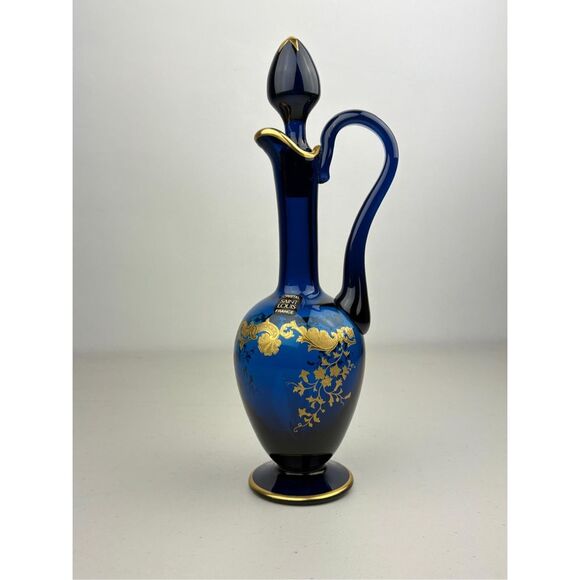 Saint Louis Crystal Cristal Decanter Carafe Pitcher Cobalt Blue Gold Leaf France